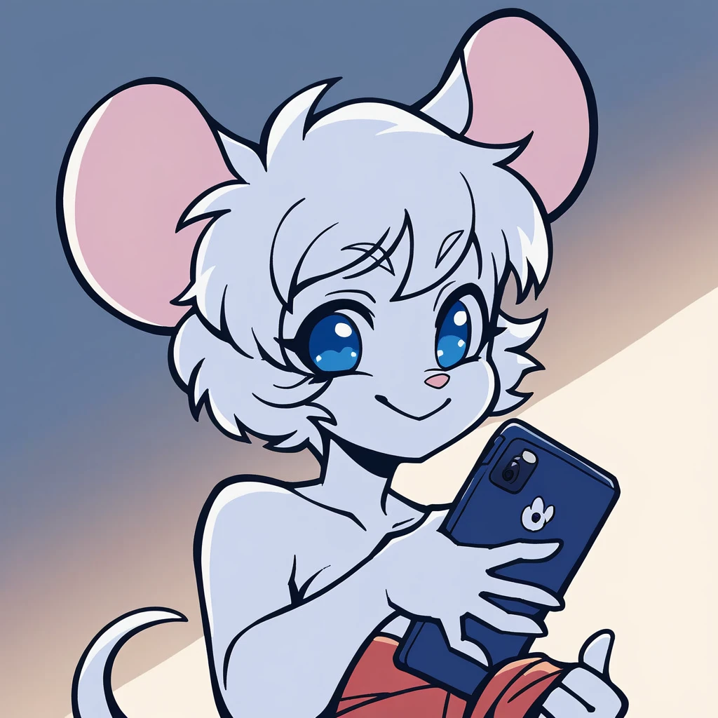 score_9, score_8_up, soft lighting, 1girl, white ((mouse)), (((mobian))), blue eyes, ((fluffy white skin and fur, white short hair)), medium breasts, sexy, smile, wrapped in towel, holding phone, face shot