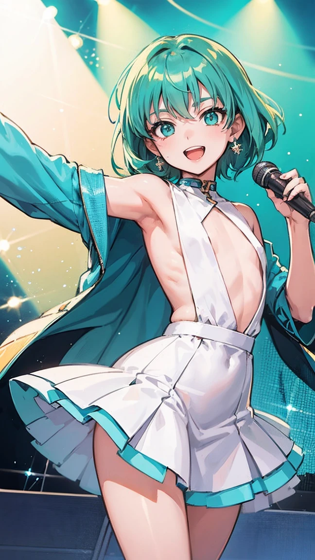 1 girl, anime woman with blue-green hair, arena, live music venue, singing, holding microphone, jumping, break anime style, anime style, young anime woman, smiling, semi short hair, digital anime illustration, bangs, crystal hair, shiny hair, break white dress, snowflake earrings, serious, shining, reflective light, ((flat chest)), ((flat chest))
