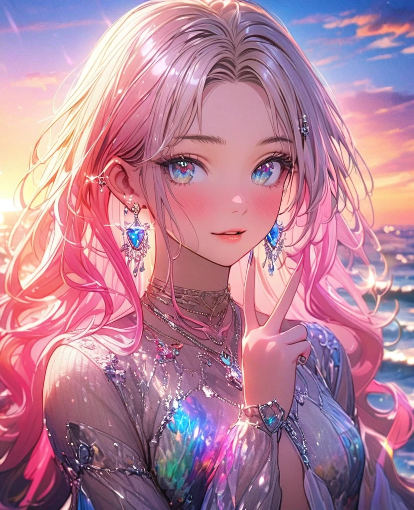 8K,gal，an extremely delicate and beautiful,Beautiful and realistic skin,Shiny jewel-like earrings,Long colorful hair,beautiful eyes, peace sign,beautiful sunset
