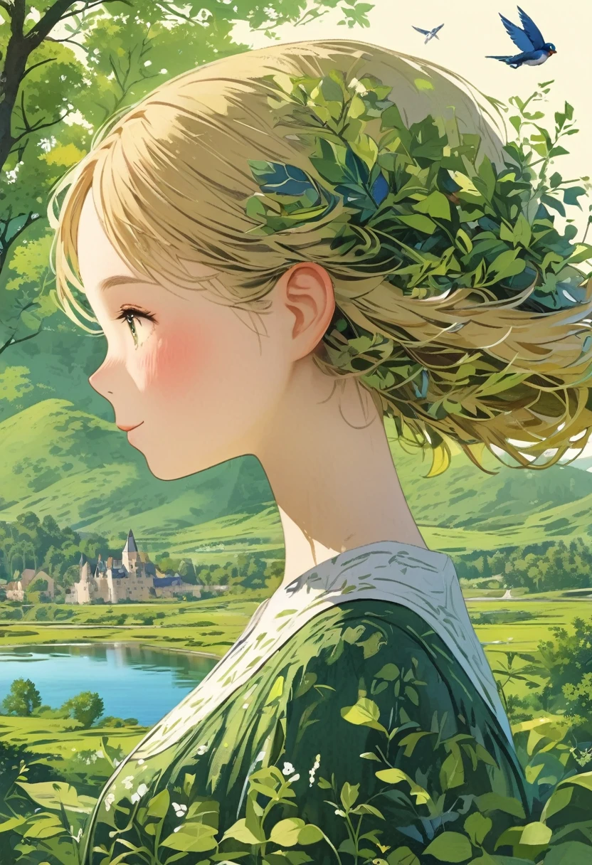 Leaf hair girl、Beautiful castles of medieval Europe、Fresh greenery、lake、profile、Upper Body、Masterpiece、Highest quality、Blonde