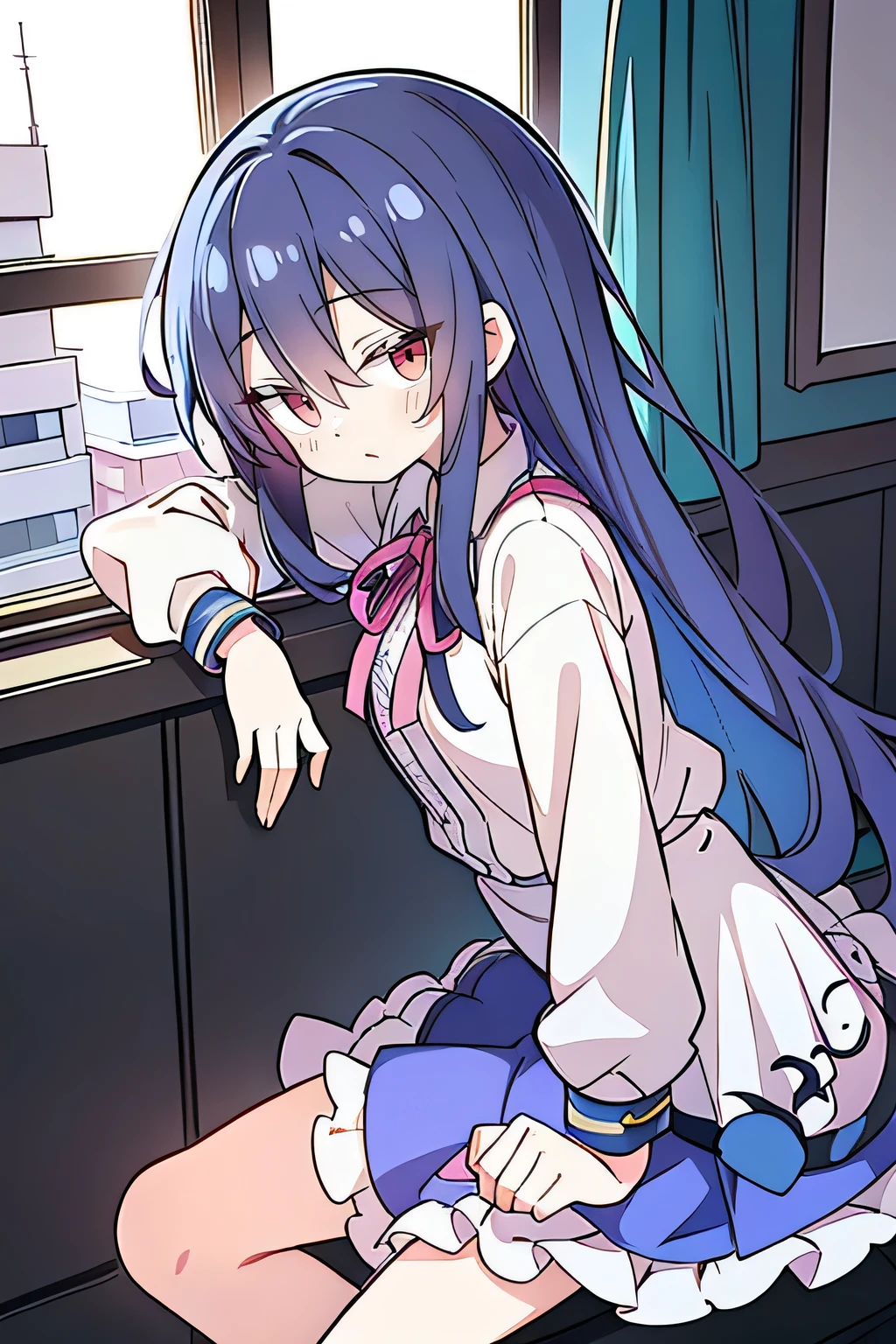 Anime Girl sitting on window sill drinking coffee and looking out the window, (Anime Girl), Anime cute art style, seductive Anime Girl, Beautiful anime high school, Cute girl anime visual, Night Core, Best Girl in Anime, young Anime Girl,dark blue long hair,Sit by the window