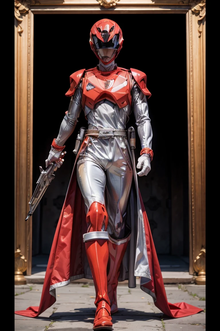 1boy, white, full body, Illustration, cinematic light, high resolution, best quality, ultra detailed, masterpiece, power suit, powerranger, suit, spd, (silver royal guard ranger suit), gold detail, holding white pistol,