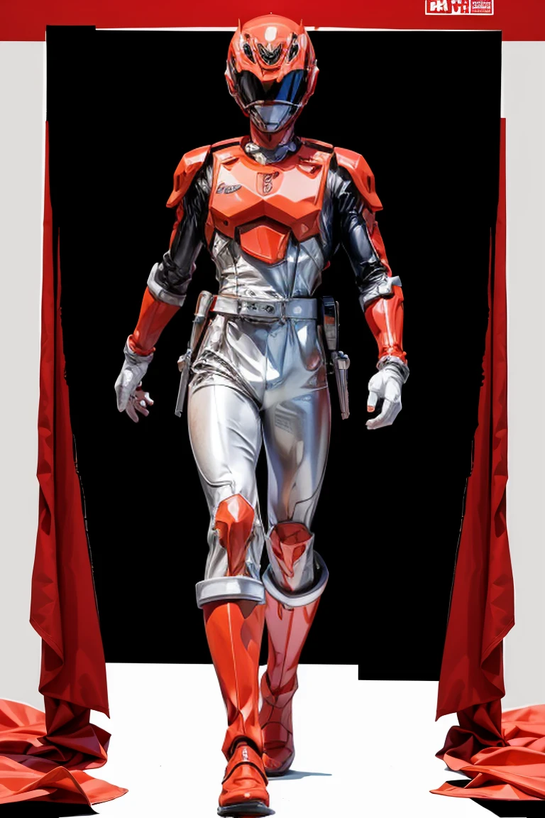 1boy, white, full body, Illustration, cinematic light, high resolution, best quality, ultra detailed, masterpiece, power suit, powerranger, suit, spd, (silver royal guard ranger suit), gold detail, holding white pistol,