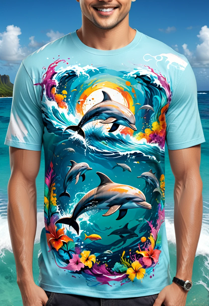 A t-shirt with a colorful illustration of dolphins in the middle of the sea, At the center, swirly vibrant colors, paint splashes and smears, high détail,Hawaii Background
(artwork, best quality, proffesional, perfect composition, very aesthetic, absurdrez, super verbose, Intricate details:1.3)