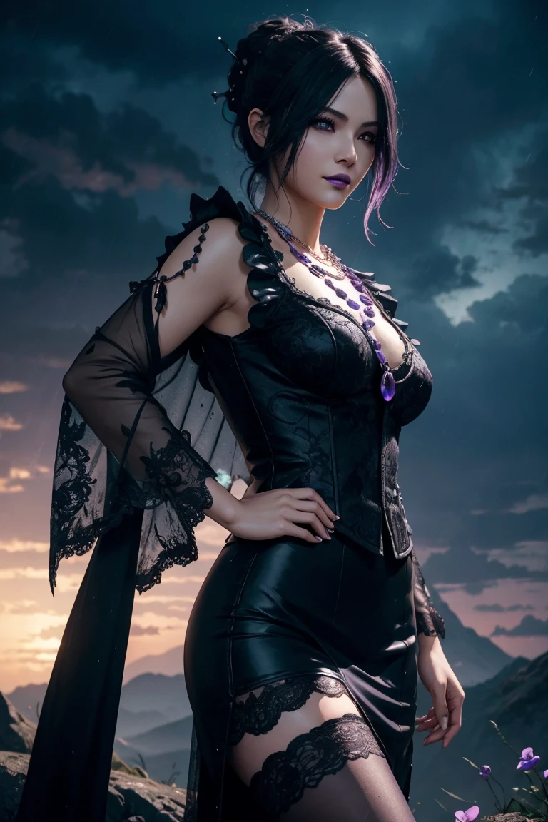 Lulu,Final Fantasy 10,FF10,Black Top,One Length,Let down one side of your bangs,Hide one eye,Beautiful purple eyes,White skin,Purple lips,黒いWith furロングドレス,Long skirt,With fur,Black see-through blouse,Black fishnet stockings,Purple Necklace,super high quality,super high quality,masterpiece,Digital SLR,Realistic,Further details,Vivid details,Depicted in detail,Detailed face,Further details,Super detailed,Realistic skin texture,Based on anatomical grounds,Perfect Anatomy,Anatomically correct hand,Anatomically correct fingers,Complex 3D rendering,Sexy pose,Beautiful morning glory(flower),Rainy Sky,Beautiful scenery,Fantastic rainy sky,Rainy season night,Fantastic night sky,Picturesque,Pink Lips,smile,Fantastic butterflies々,