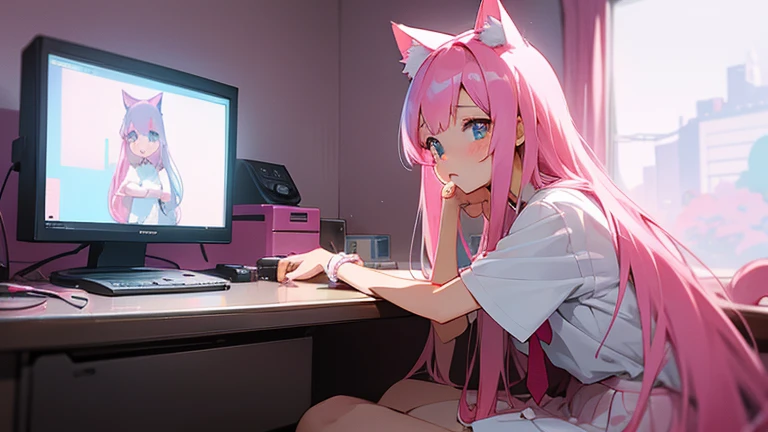 cute anime girl holding a pink video game controller in a room, anime catgirl, wear white shirt and red tie and white skirt,cute anime catgirl, anime girl with cat ears, flat anime style, nekomimi, lofi girl, catgirl, anime vibes, soft anime illustration, ddlc, girl with cat ears, anime style. 8k, pink straight hair, long bubblegum hair, pink wispy hair, long pink hair, long flowing pink hair, flowing pink hair, anime girl with long hair and cyan eyes,and wear white shirt and red tie and white skirt, ,digital anime illustration, anime room with a computer, a desk, anime background art, background art, anime aesthetic, personal bedroom background,gaming girls bedroom background, kawaii aesthetic, anime background, lofi girl aesthetic, anime vibes, lofi artstyle, beautiful kawaii lighting, lo-fi illustration style, lofi aesthetic, interior background art, cute detailed digital art, glowing aesthetic