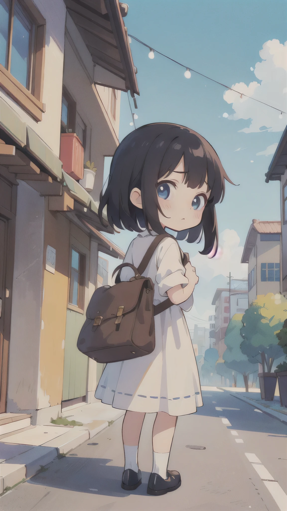 (masterpiece:1.2),(Highest quality),(Very detailed),(High resolution),8K,wallpaper,(One female:1.5),Anime illustration,Chibi Character,cute,The little girl is about to go on her first errand.,(Bag for use),Anxious face,From the back,blue sky,Downtown
