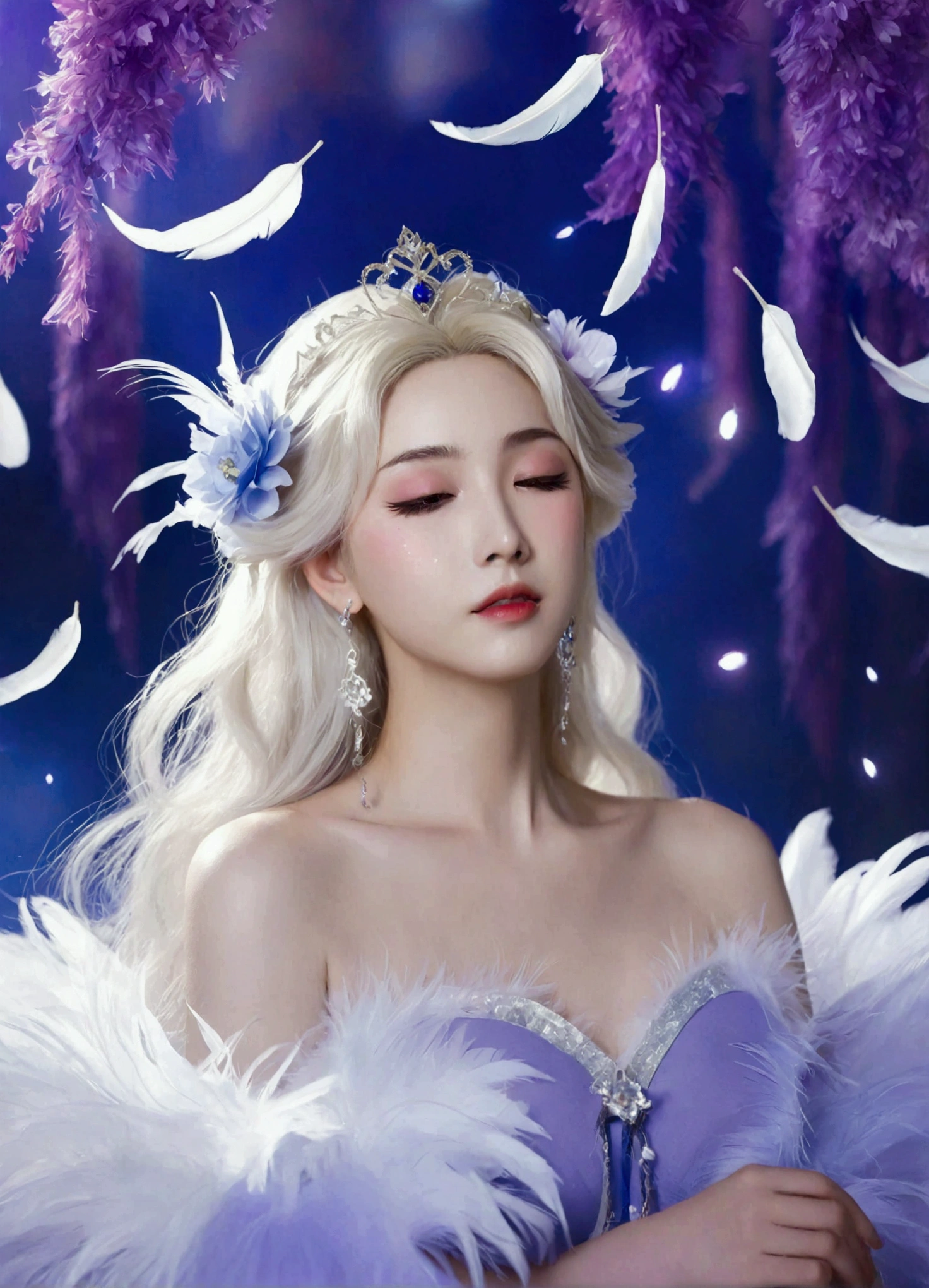 Masterpiece，Dazzling multicolored light，ultra detailed，A girl.，In the flowers，**** a sleeping princess，Earrings，White feather tulle，Long white eyelashes，Extra-long hair is slightly curly，White hair，(Hair takes up the entire frame)，a charming face，Glowing lips，clavicle，Shoulder exposure，Floating petals，Dreamy and beautiful，The characters are thick and painted.，Fine strokes，Wallpaper，The background is graded with white and purple，anime aesthetic，Poolcoreanime beauty，Hyperrealism，sparkle，textured skin，super detail，best quality，8k， ,