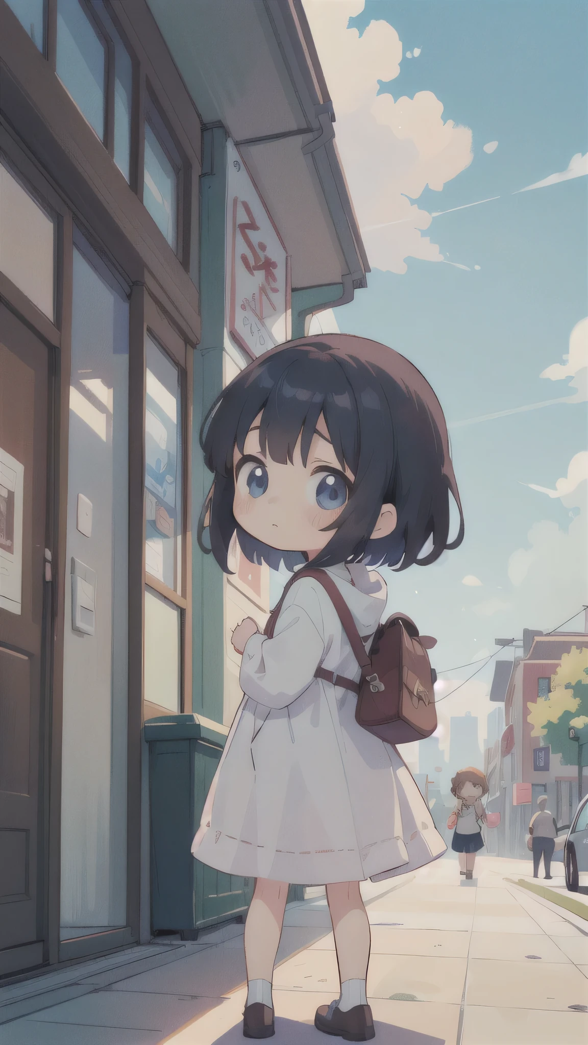 (masterpiece:1.2),(Highest quality),(Very detailed),(High resolution),8K,wallpaper,(One female:1.5),Anime illustration,Chibi Character,cute,The little girl is about to go on her first errand.,(Bag for use),Anxious face,From the back,blue sky,Downtown,First time using