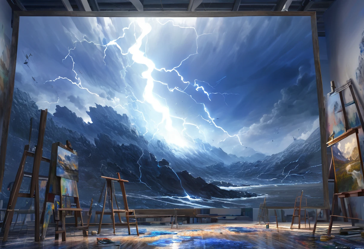 blue landscape, lightning blot, god, Olympus, HDR, 4k resolution, (painting realistic : 1.3), (ultra high resolution: 1.0 ), (((best quality, 8 thousand, masterpiece:1.4))
