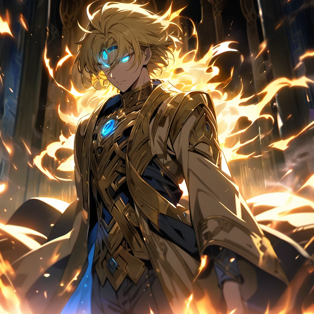 male, solo, handsome, blond hair, god, god eyes, glowing eyes, light, aura, holo, golden