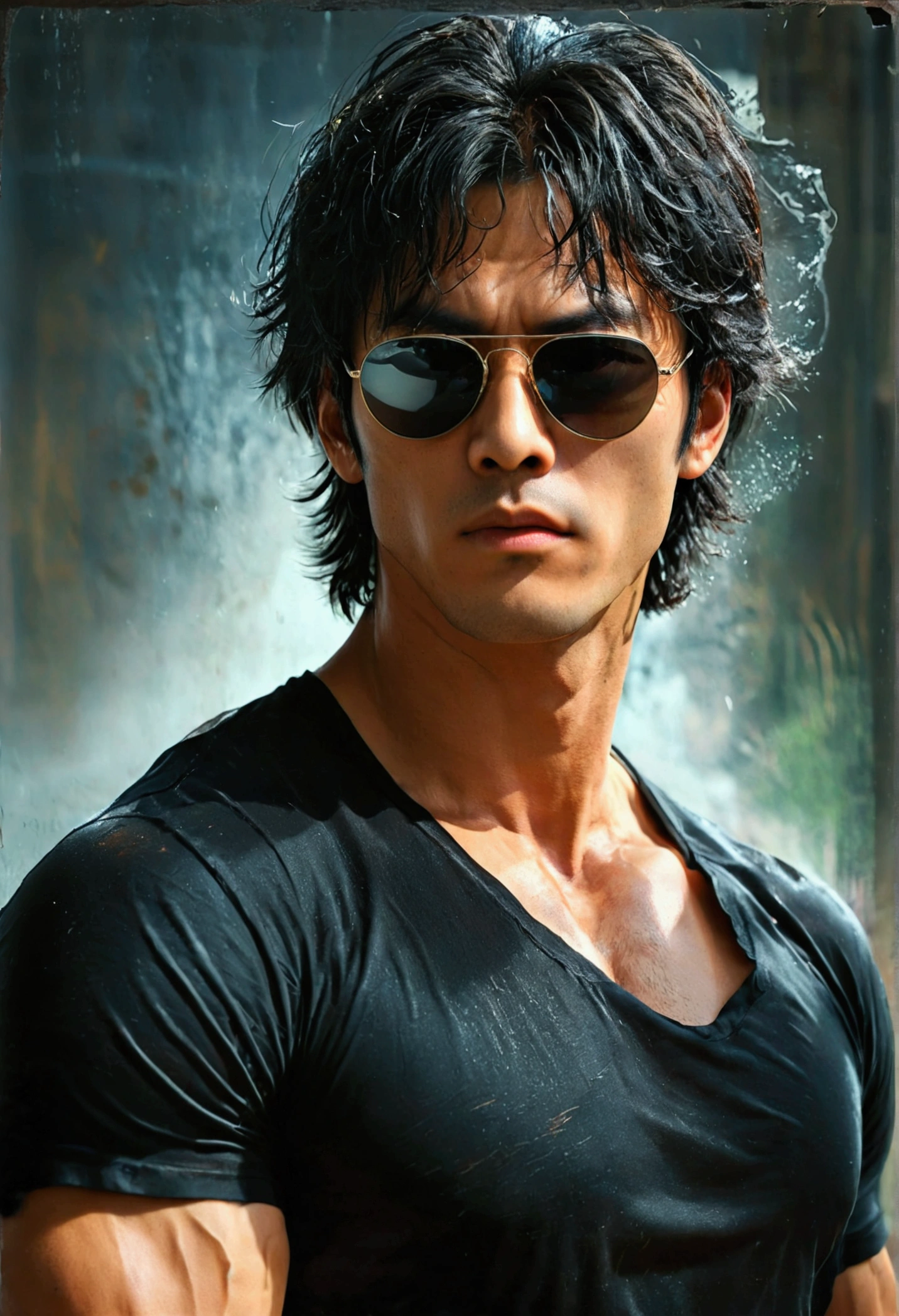 A handsome man with a tall texture and a sturdy and slim body, wearing a tight black t-shirt and visible muscle tone, wearing sunglasses, like Gojo Satoru