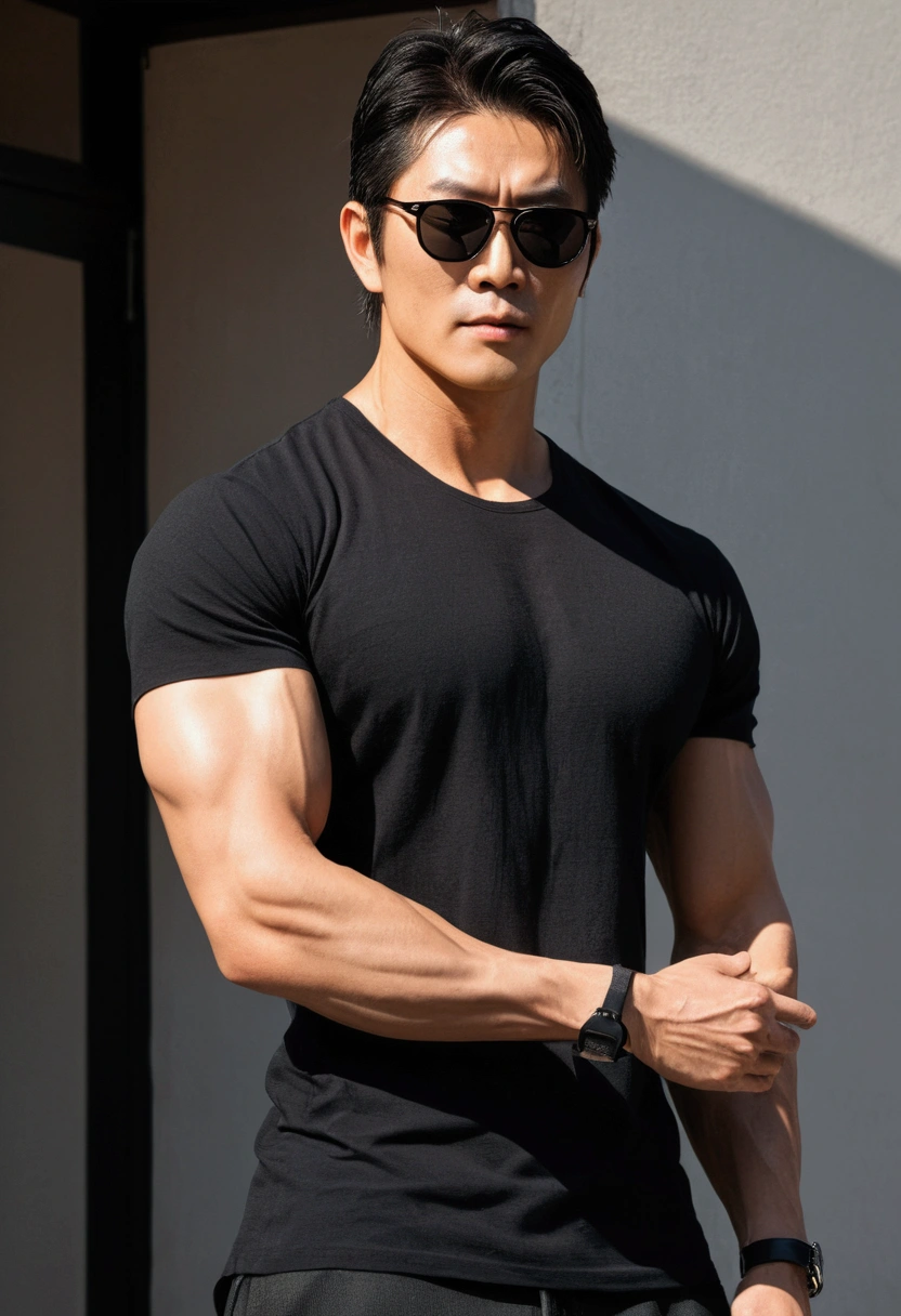 A handsome man with a tall texture and a sturdy and slim body, wearing a tight black t-shirt and visible muscle tone, wearing sunglasses, like Gojo Satoru 