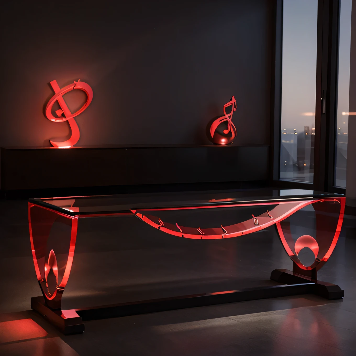 Professional architectural 3D rendering of the design of glass benches in light and dark red and in the shape of musical notes.
