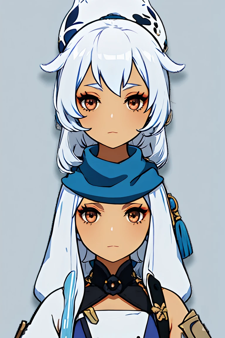 solo, tanned skinned character, 1 girl, full body, eyeshadow, seal girl, selkie, snowy outfit, busty, seal tail, sleepy girl