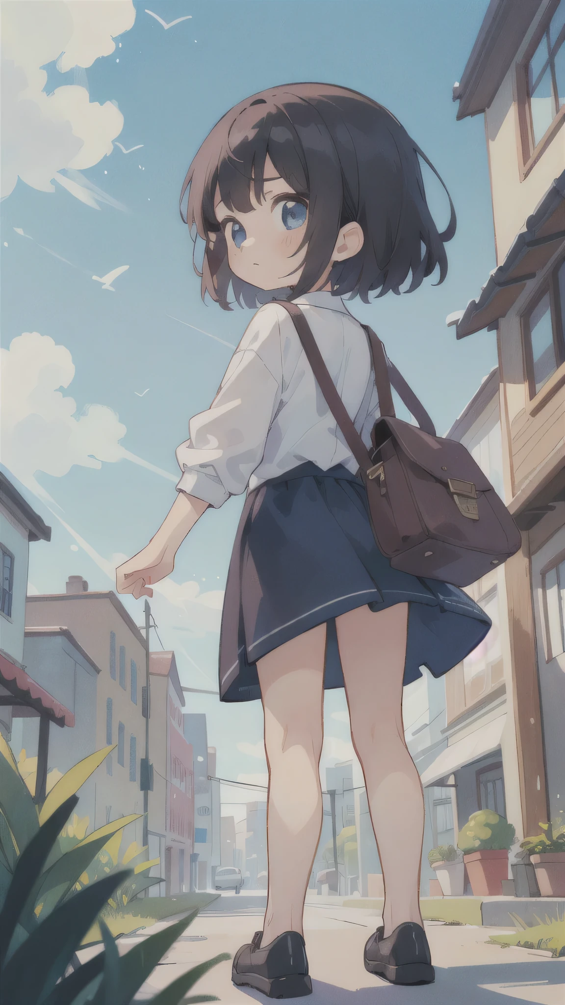 (masterpiece:1.2),(Highest quality),(Very detailed),(High resolution),8K,wallpaper,(One female:1.5),Anime illustration,Chibi Character,cute,The is about to go on her first errand.,(Bag for use),Anxious face,From the back,blue sky,Downtown,First time using,Little Hero