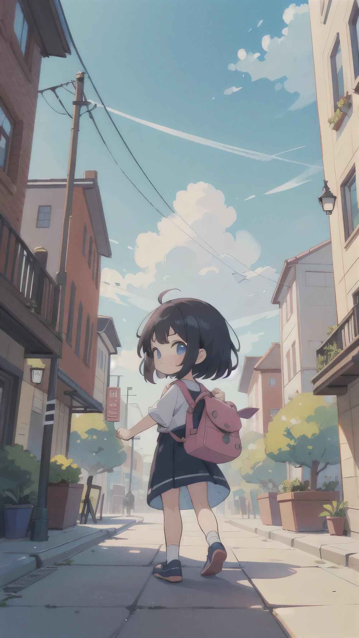 (masterpiece:1.2),(Highest quality),(Very detailed),(High resolution),8K,wallpaper,(One female:1.5),Anime illustration,Chibi Character,cute,The little girl is about to go on her first errand.,(Bag for use),Anxious face,From the back,blue sky,Downtown,Passersby,First time using,Little Hero