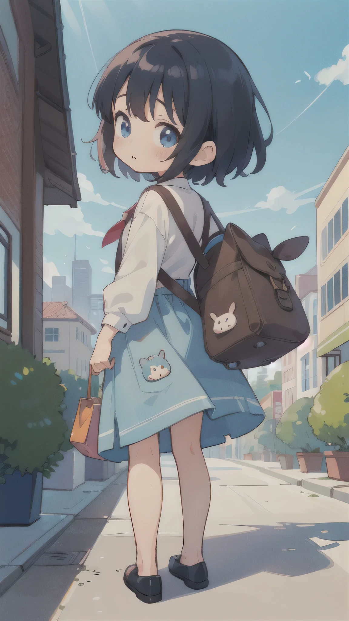 (masterpiece:1.2),(Highest quality),(Very detailed),(High resolution),8K,wallpaper,(One female:1.5),Anime illustration,Chibi Character,cute,The little girl is about to go on her first errand.,(Bag for use),Anxious face,From the back,blue sky,Downtown,Passersby,First time using,Little Hero