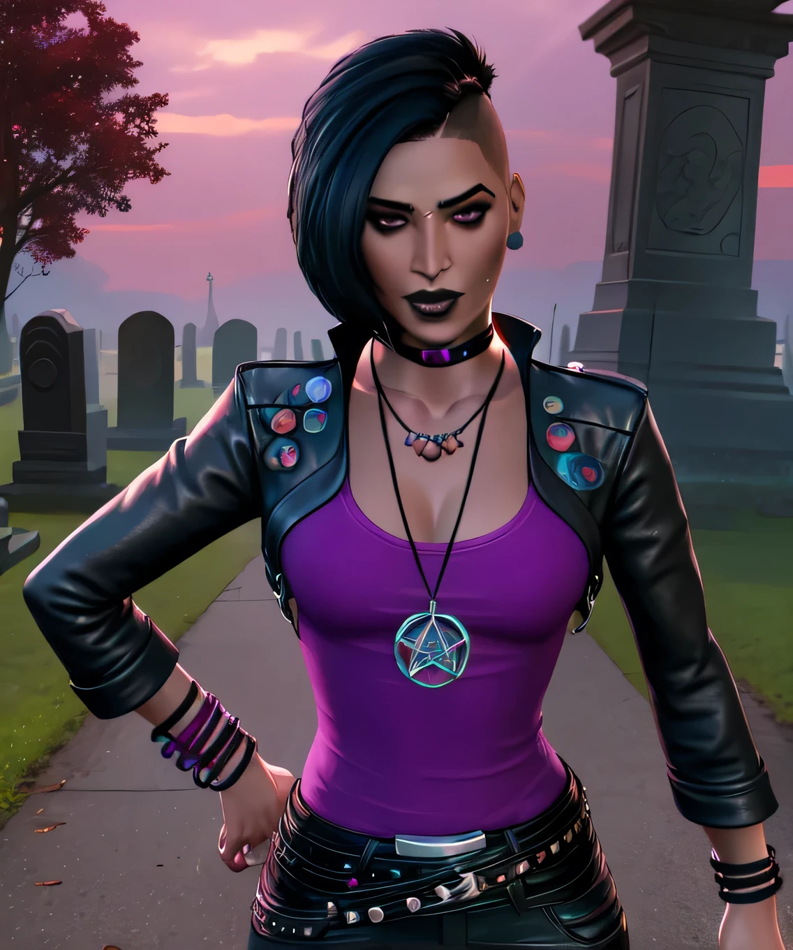 nico,piercing,nose piercing,black hair,hair to side,black lips,short short hair, brown eyes, 
earrings,necklace,leather jacket,pink shirt,belt,black pants,bracelet,choker,
standing,upper body,
night,outside, cemetery,
(insanely detailed, beautiful detailed face,beautiful detailed eyes, masterpiece, best quality),solo,