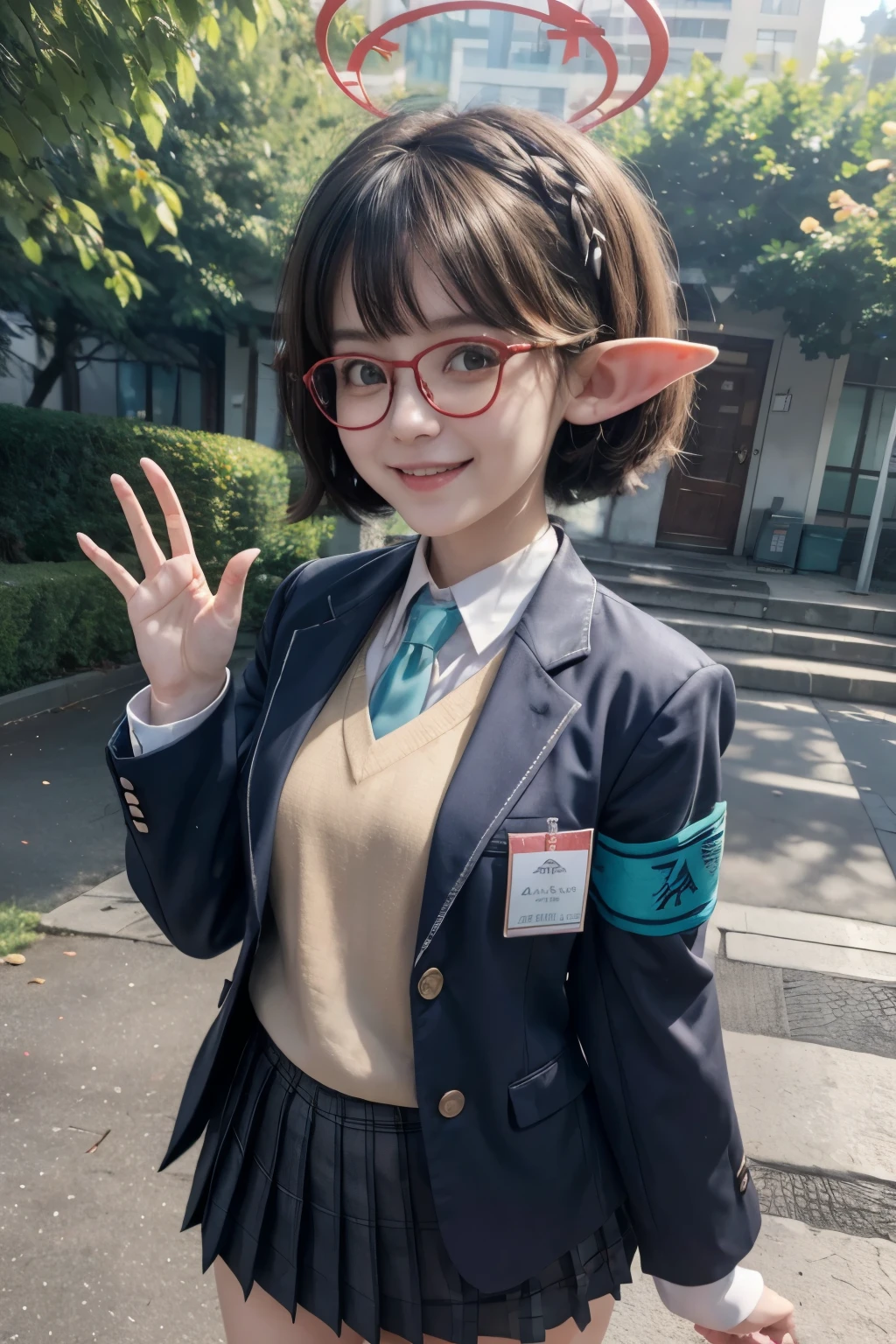 masterpiece, best quality, ultra-detailed, realistic , 1girl, ayane,red glasses, pointed ears, elf, school_uniform, blazer, white shirt, pleated skirt, halo, outdoors, smile, opened mouth, waving hands, (hand waving:1.1), standing 