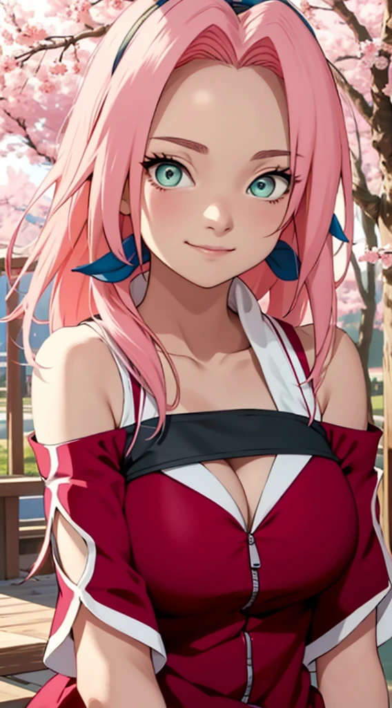 tmasterpiece， Best quality at best， 1girll， Sakura Haruno， Large breasts，Off-the-shoulder attire，（cleavage)，（upperbody closeup)，Raised sexy，is shy，ssmile，with pink hair， long whitr hair， （Green eyeballs:1.4)， Forehead protection， the cherry trees，Cherry blossoms flying，Red clothes，Zipper half