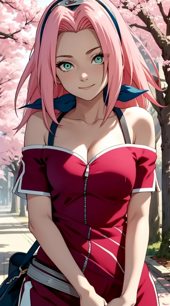 tmasterpiece, Best quality at best, 1girll, Sakura Haruno, Large breasts,Off-the-shoulder attire,(cleavage),(upperbody closeup),Raised sexy,is shy,ssmile,with pink hair, long whitr hair, (Green eyeballs:1.4), Forehead protection, the cherry trees,Cherry blossoms flying,Red clothes,Zipper half
