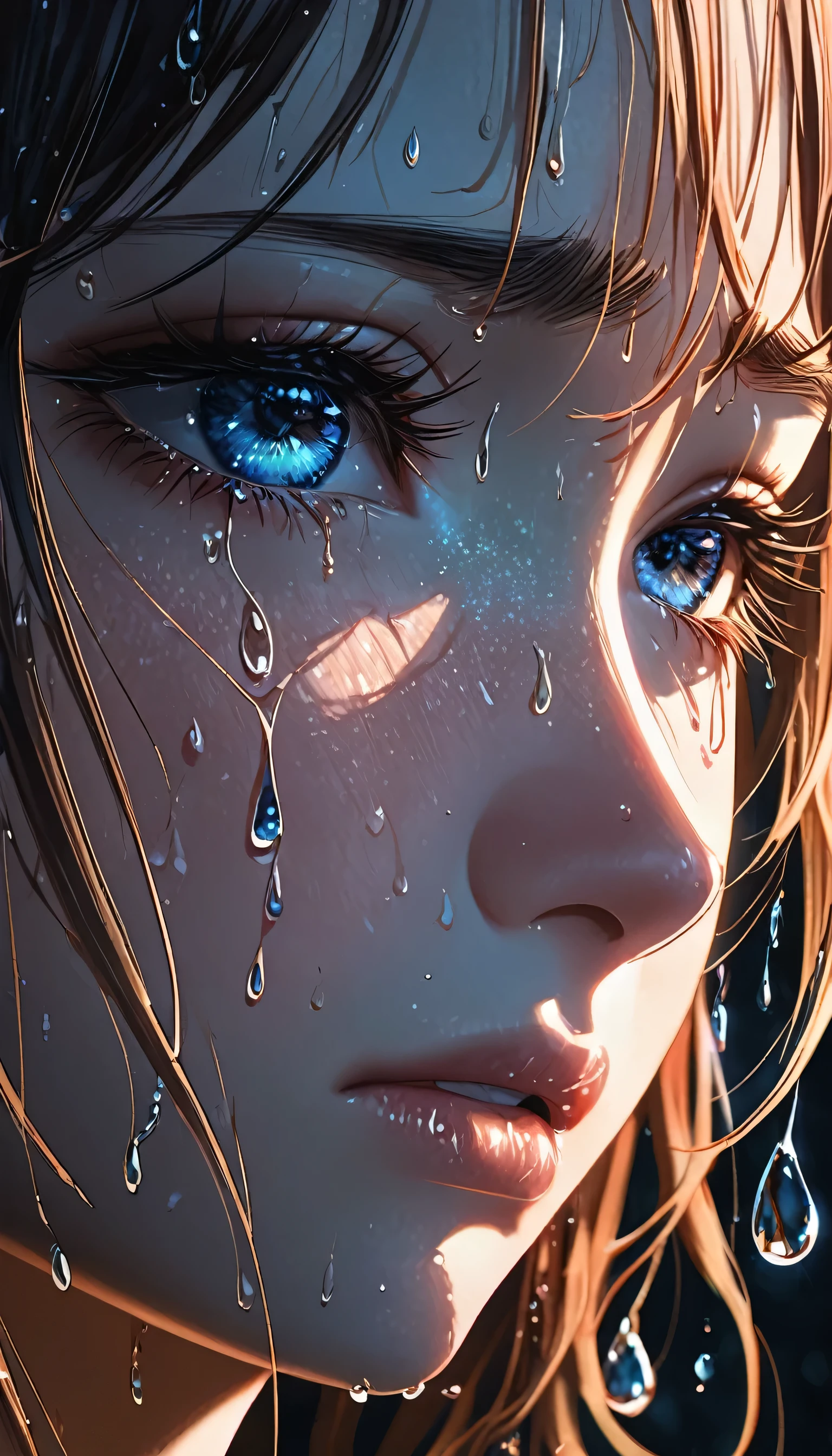 Are crying,beautiful,Very detailed,Watery eye,Rosy Cheeks,Wet eyelashes,emotional expression,Intense sadness,Dripping tears,True-to-life texture,Highly refined details,Dramatic lighting,seamless blend of colors,Vibrant colors,Artwork,Layered brush strokes,Emotional brushstrokes,Realistic water droplets,Breathtaking realism,Superb craftsmanship,Unforgettable beauty,An exciting atmosphere,Very emotional scene,Quiet Sadness,Contrasting,Atmospheric,Infinite depth,Shine,Sparkling Highlights,Subtle Shadows,Intimate close-ups,Precise contours,Shocking emotions,Smooth brush movement,A moving portrayal,Attention to detail,beautifulally pleasing,Heartache,Inspiring art