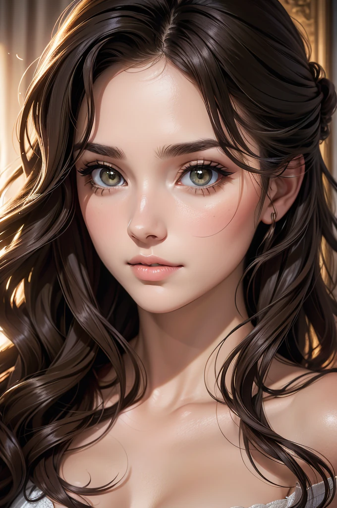 Beautiful woman half face close-up, flying long wavy hair 1.0  (high resolution:1.18), intricate detail, (masterpiece:1.1), (highest quality:1.1), absurdres),(1girl, portrait, Deva Cassel, dark hair, olive eyes, long wavy hair, detailed eyes), Brian Bolland style, Shading, vivid colors hd--c 25--ar 51:91--s 400--v 5.1