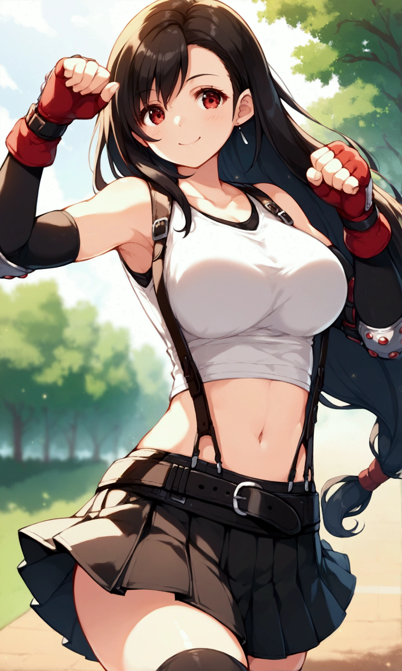 score_9, score_8_up, score_7_up,,BREAK , ,dynamicangle, dynamicpose,,,standing, ,,,Solo ,1girl, tifa lockhart, final fantasy, tareme,black hair, low-tied long hair, red eyes, bangs, (white tank top, belt, pleated skirt, thighhighs, elbow fingerless gloves, elbow pads, midriff, navel,suspender skirt) ,(large_breast),(light smile),Lifting a kick,daytime,outdoor,(ultra detailed),(best quality),(aesthetic,very aesthetic),UHD,extremely detailed CG unity 8k wallpaper,anime,depth of field,,,