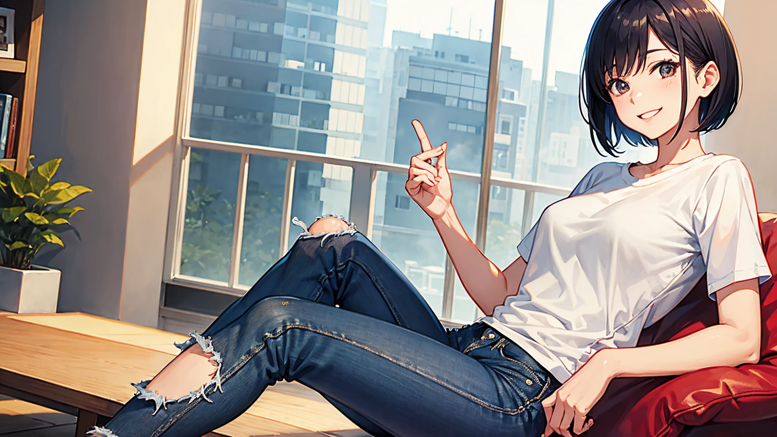 japanese woman, smiling, short hair, wearing a t-shirt and jeans