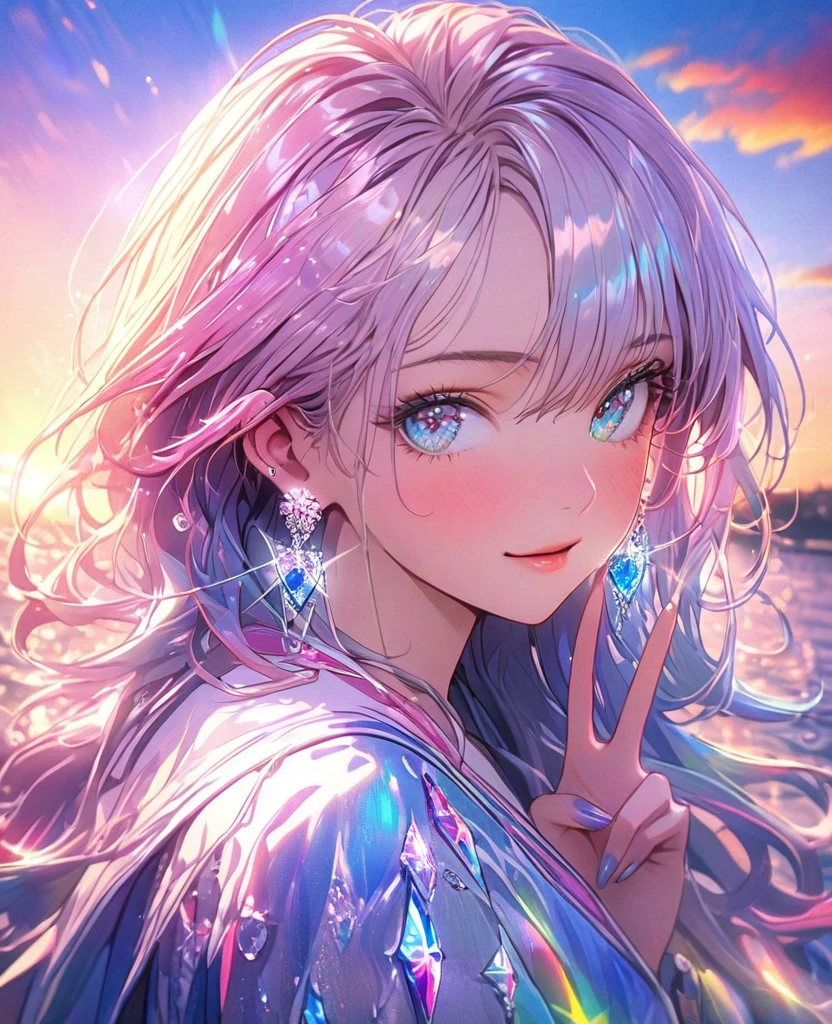 8K,gal,an extremely delicate and beautiful,Beautiful and realistic skin,Shiny jewel-like earrings,Long colorful hair,beautiful eyes, wave hands,beautiful sunset
