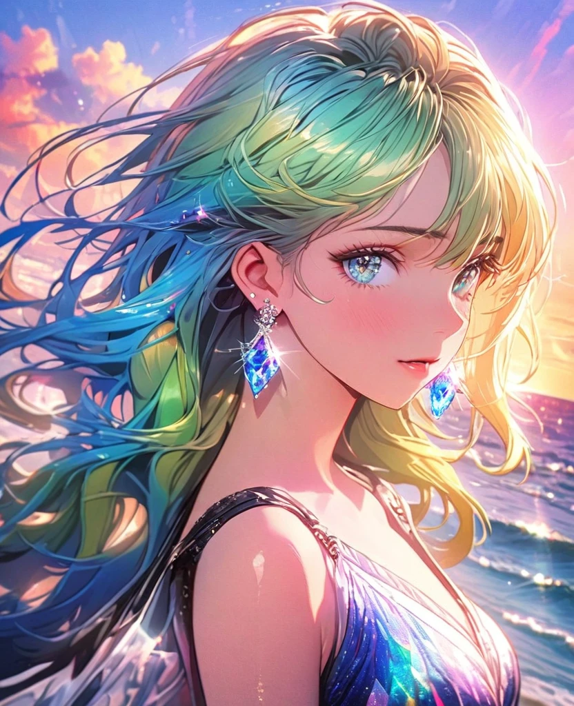 8K,gal,an extremely delicate and beautiful,Beautiful and realistic skin,Shiny jewel-like earrings,Long colorful hair,beautiful eyes, peace sign,beautiful sunset