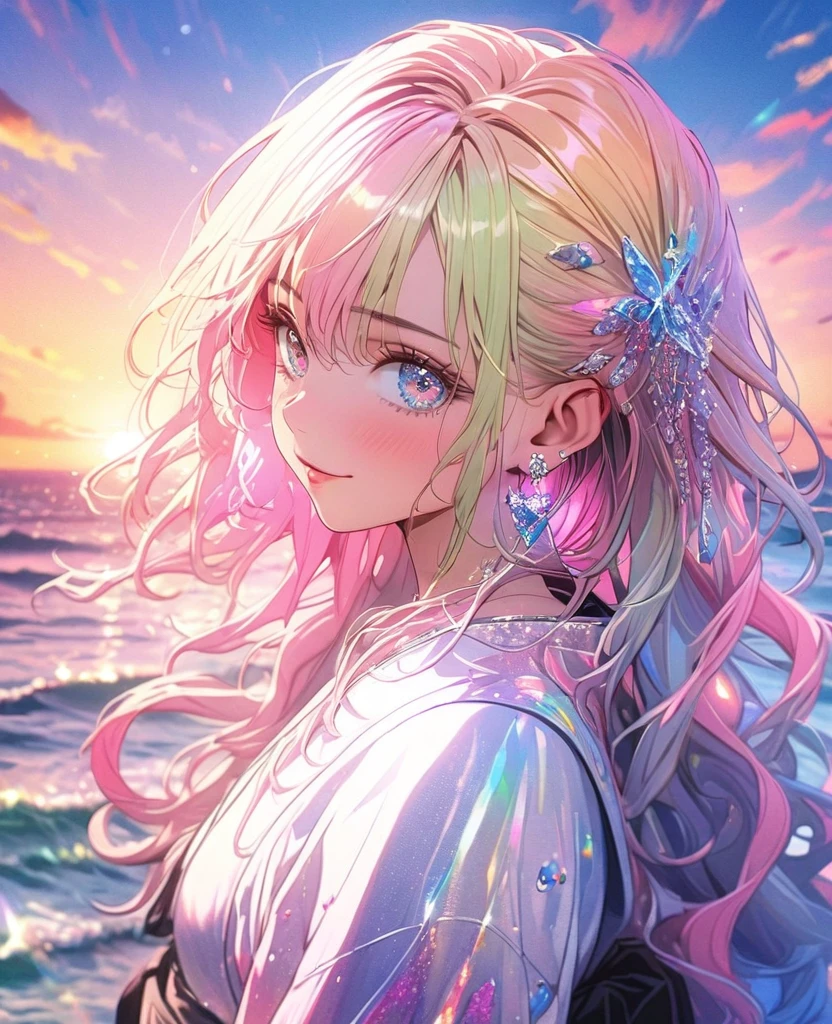8K,gal，an extremely delicate and beautiful,Beautiful and realistic skin,Shiny jewel-like earrings,Long colorful hair,beautiful eyes, peace sign,beautiful sunset

