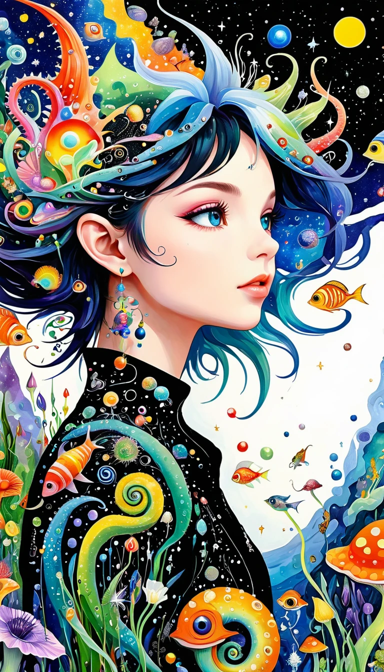 Three-dimensional painting。Elf。Profile，Look up，Raise your chin，Spiky hair，Artists from the stars，Colorful black，A world of color，Dopamine，mouth，A cloud、snails、iris、fish、Tentacles、bird、Eye、diatom，Abstract mosaic painting，Describing the inner world of autism，Sense of space，White Space，interesting，Innocence，Psychedelic Art，Black overall