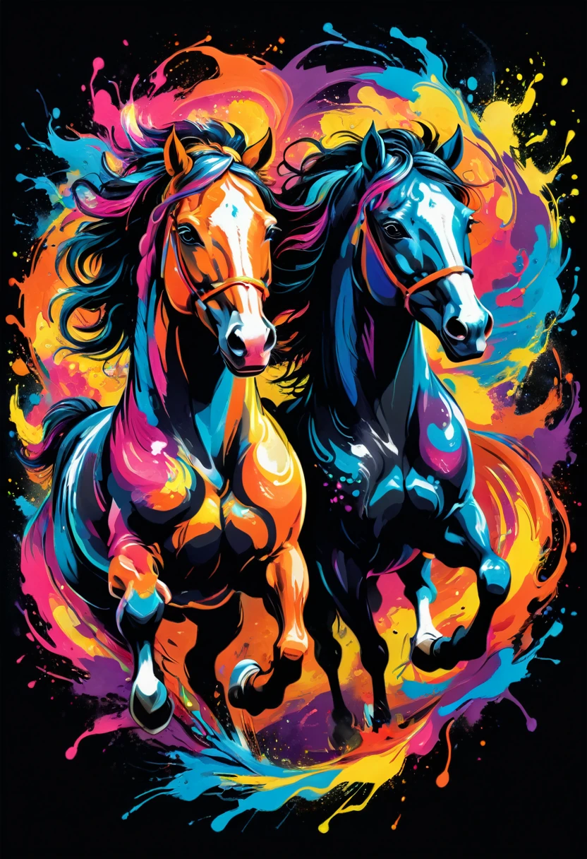 A t-shirt with a colorful illustration of two running horses, At the center, swirly vibrant colors, paint splashes and smears, high détail, black backdrop
(artwork, best quality, proffesional, perfect composition, very aesthetic, absurdrez, super verbose, Intricate details:1.3)