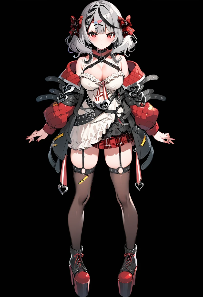 red eyes, multicolored hair, streaked hair, thighhighs, grey hair, full body, hair ornament, platform footwear, bow, cleavage, jacket, black hair, white background, looking at viewer, fishnets, red jacket, bangs, black footwear, sakamata chloe, sakamata_jirai, large breasts, jacket, BAND-AID hair ornament