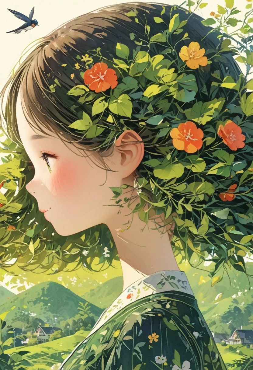 Leaf hair girl、1970s、Hongkong、profile、Upper Body、Masterpiece、Highest quality、Black Hair、Asian