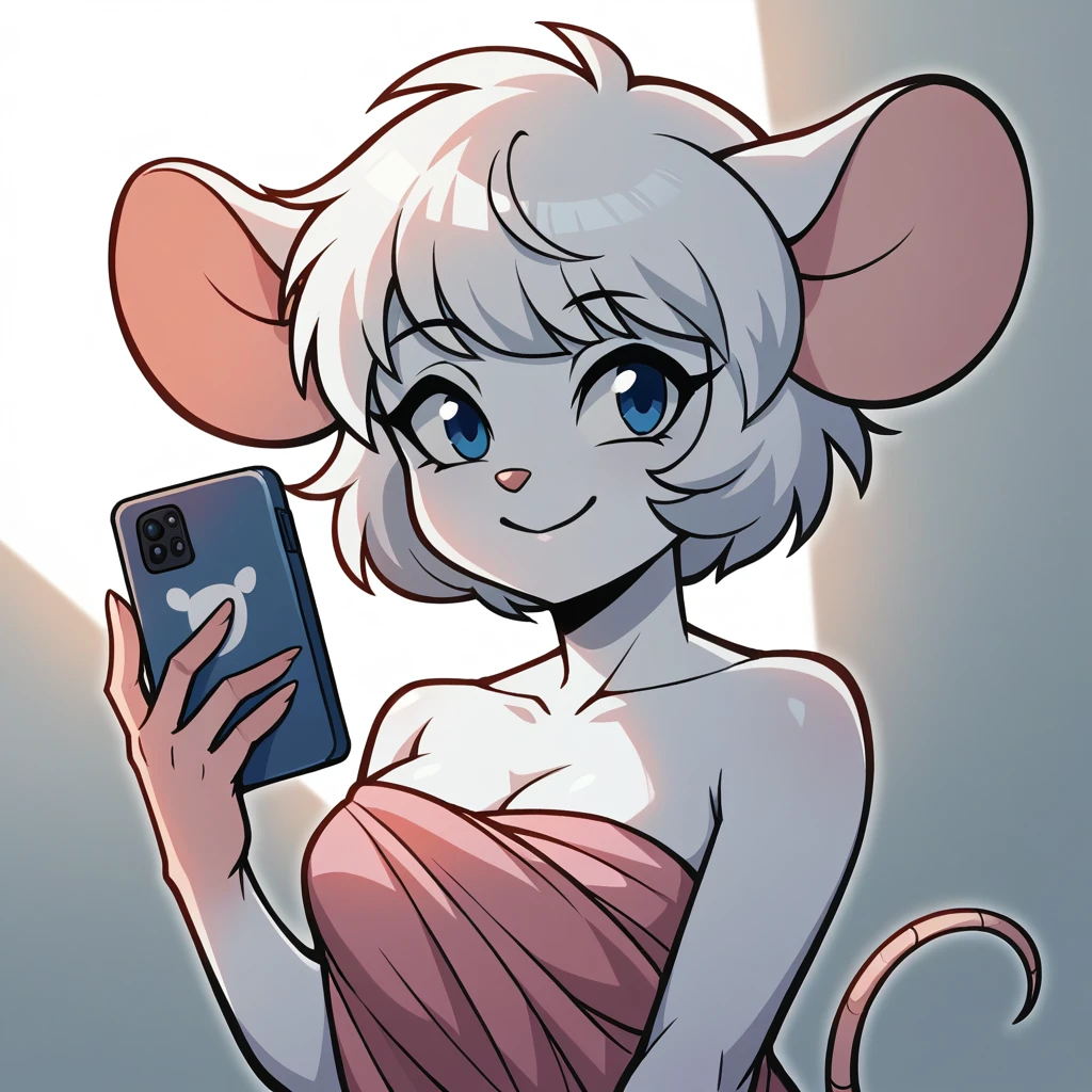 score_9, score_8_up, soft lighting, 1girl, white ((mouse)), (((mobian))), blue eyes, ((fluffy white skin and fur, white short hair)), medium breasts, sexy, smile, wrapped in towel, holding phone, face shot