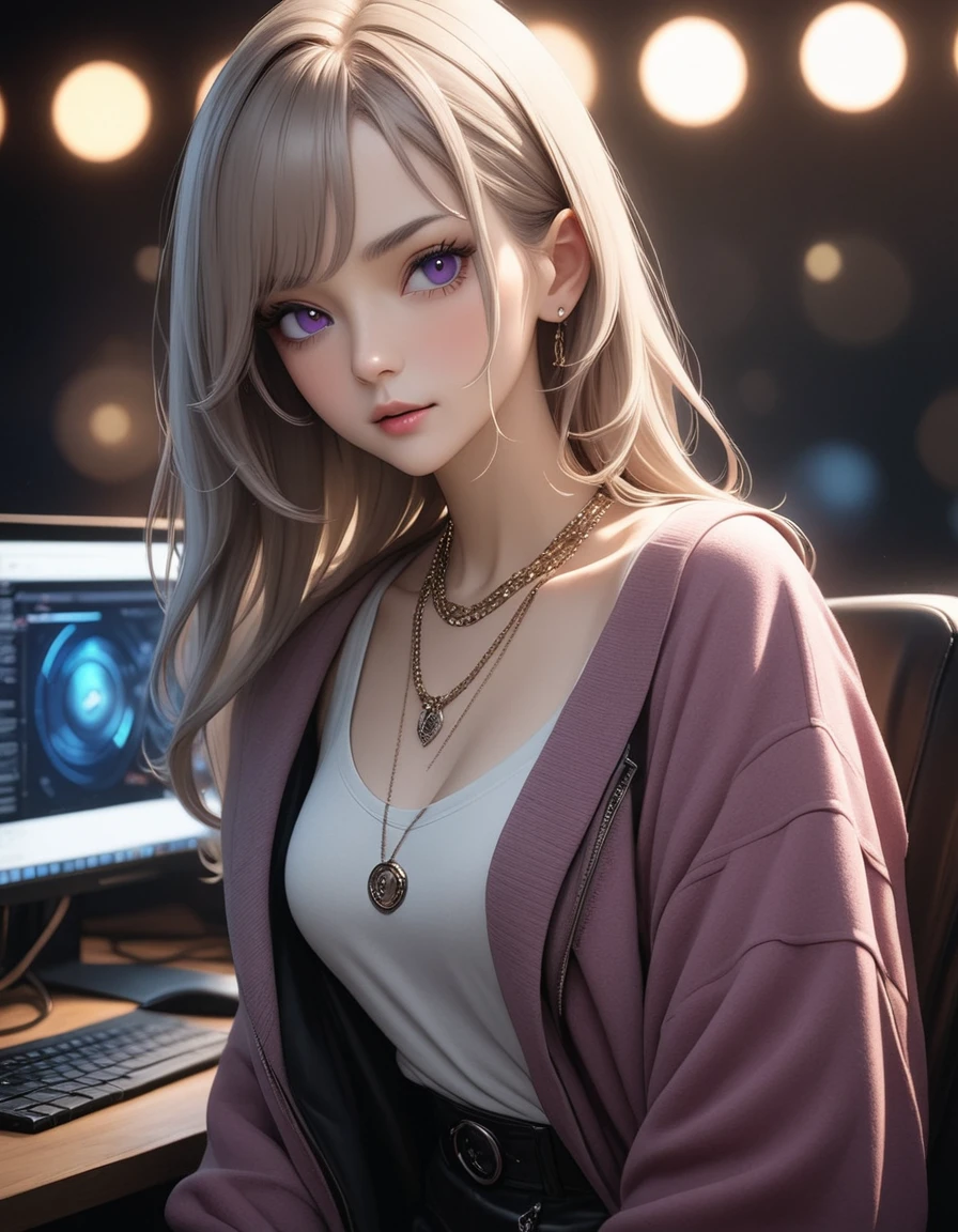 best quality, masterpiece, high resolution, A girl, platinum hair, purple eyes, fashion clothing, necklace, jewelry, Pretty Face, Perfect breasts, more than_Body, Tyndall effect, lifelike, Dark Studio, Side lighting, Two-color lighting, (HD Skin:1.2), 8k , Soft Light, high quality, Volumetric Lighting, frank, high resolution, 8k, Bokeh,hort depth of field, hacker female, computer