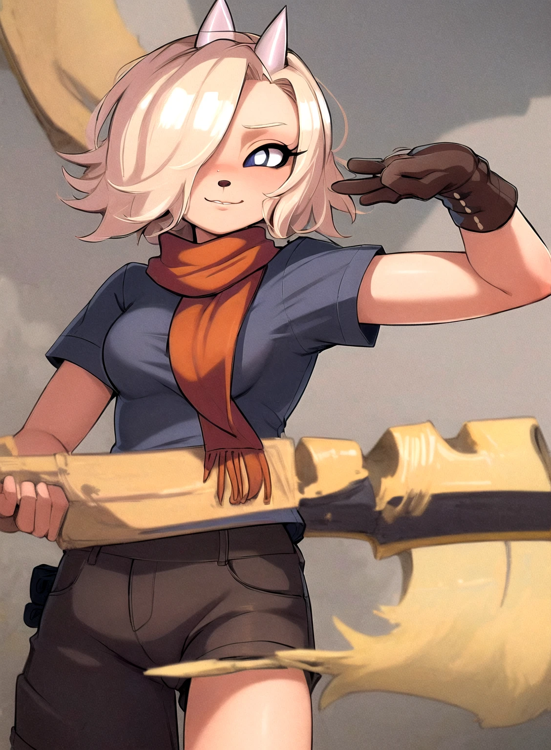 best quality, (masterpiece),(ultra-detailed), (high quality), (high resolution), bronwyn, hair over one eye, blonde hair, furry female, short hair, shirt, short sleeves, scarf, pants,single horn,