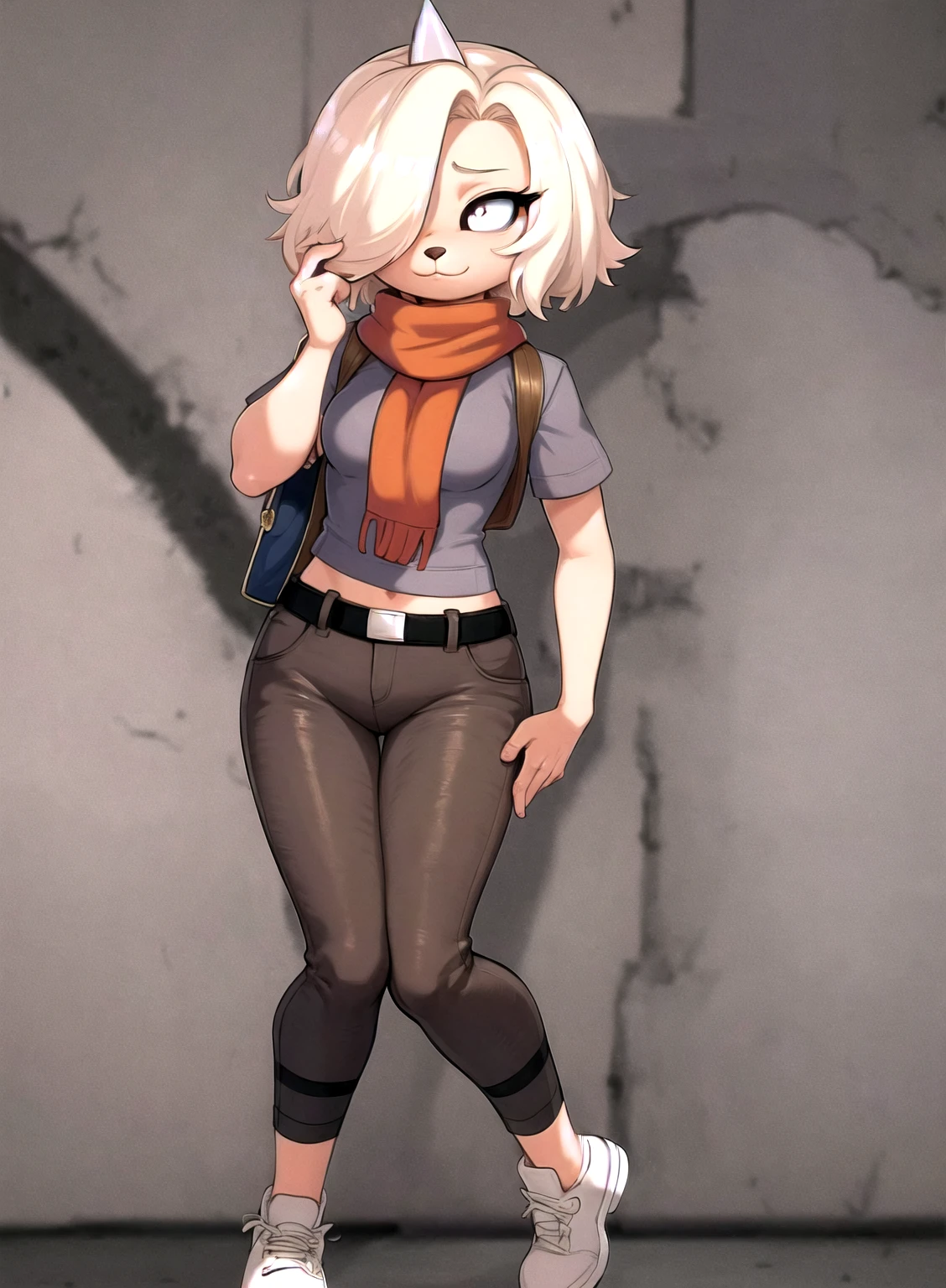 best quality, (masterpiece),(ultra-detailed), (high quality), (high resolution), bronwyn, hair over one eye, blonde hair, furry female, short hair, shirt, short sleeves, scarf, pants,single horn,