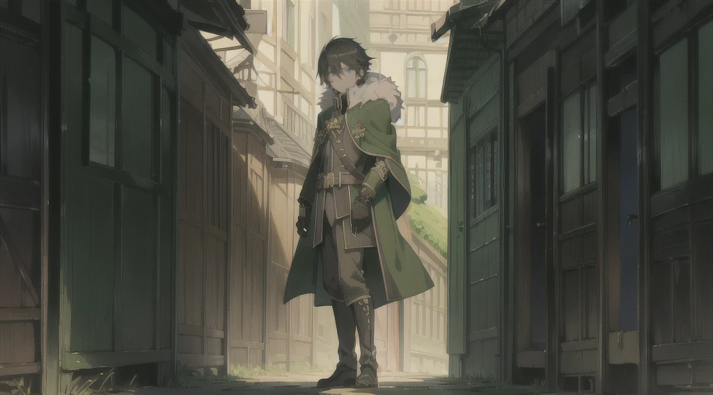 yuichiro hyakuya, (WithoutFear:1), 1 boy, black hair, green eyes, brown coat, gray armor, green shield, green cloak, dark brown gloves, town, white fur trim, tall, anime, standing, good quality, portrait, looking at viewer