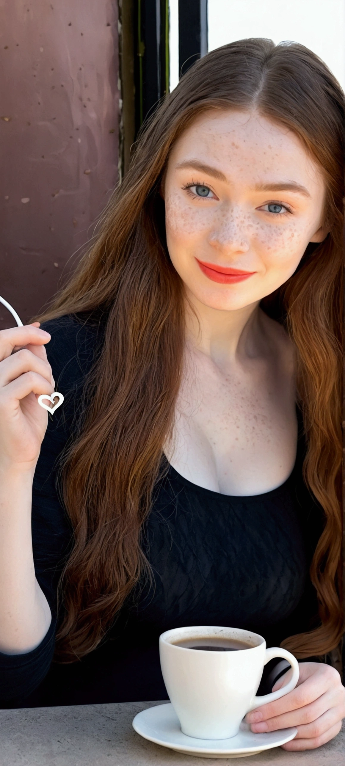 1 19 year old girl, Alone, aesthetic work, irish redhead, long wavy ginger hair, light gray eyes, some small freckles, pale skin, G-cup, huge breasts, Skinny body, running corps, (textured skin, skin pores:1,1), (moles:0,8), imperfect skin, seated, drinking a cup of coffe, drinking coffee, (Extremely detailed 8K wallpaper),soft lighting, high quality, film grain, fujifilm XT3 sharp focus, f 5.6, 50mm, high detailed, sharp focus, wear blue and white, high detailed, complex details, seated en el café al aire libre