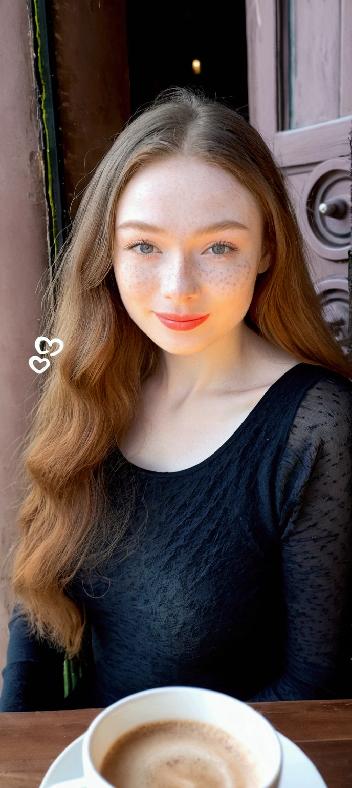 1 19 year old girl, Alone, aesthetic work, irish redhead, long wavy ginger hair, light gray eyes, some small freckles, pale skin, G-cup, huge breasts, Skinny body, running corps, (textured skin, skin pores:1,1), (moles:0,8), imperfect skin, seated, drinking a cup of coffe, drinking coffee, (Extremely detailed 8K wallpaper),soft lighting, high quality, film grain, fujifilm XT3 sharp focus, f 5.6, 50mm, high detailed, sharp focus, wear blue and white, high detailed, complex details, seated en el café al aire libre