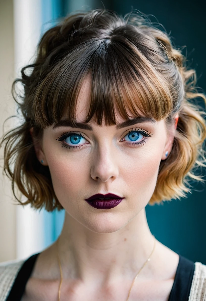 a young half Irish and half English woman, short 80s wavey hair & bangs, blue eyes, modern retro picture aesthetic, looks like she is bravely posing for the camera, keep the same aspect ratio, The colors are masterfully captured by Nikon D850 and a Nikon AF-S NIKKOR 70-200mm f/2.8E FL ED VR lens, modern style, powerful woman image, dark gothic clothes, without makeup, pale skin, harsh facial features,  black lipstick,
