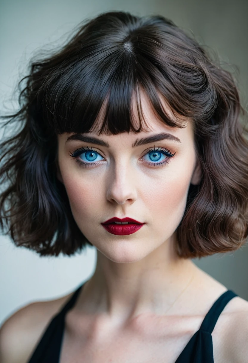 a young half Irish and half English woman, short 80s wavey hair & bangs, blue eyes, modern retro picture aesthetic, looks like she is bravely posing for the camera, keep the same aspect ratio, The colors are masterfully captured by Nikon D850 and a Nikon AF-S NIKKOR 70-200mm f/2.8E FL ED VR lens, modern style, powerful woman image, dark gothic clothes, without makeup, pale skin, harsh facial features, black lipstick,