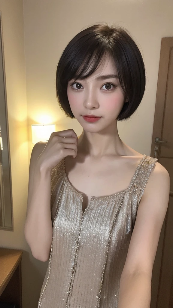 (real, High resolution:1.3), short hair, Wearing a blouse、Cross-dressing man、Dark Room、Transsexual、Collarbone and hands are muscular、the skin is dark、Dark eyebrows、Dim lighting、Take a selfie with yourself、The shoulders are wide