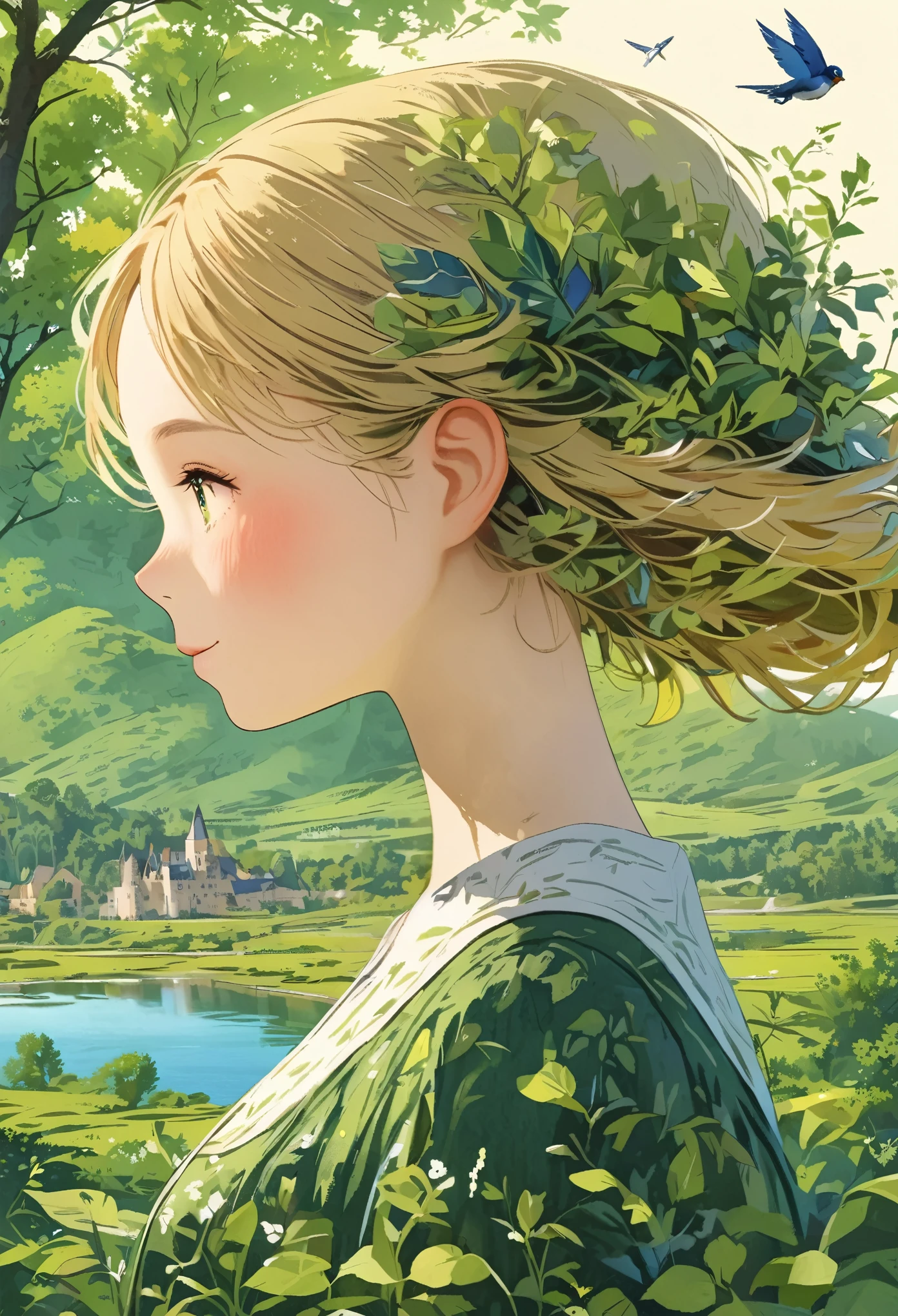 Leaf hair girl、Beautiful castles of medieval Europe、Fresh greenery、lake、profile、Upper Body、Masterpiece、Highest quality、Blonde