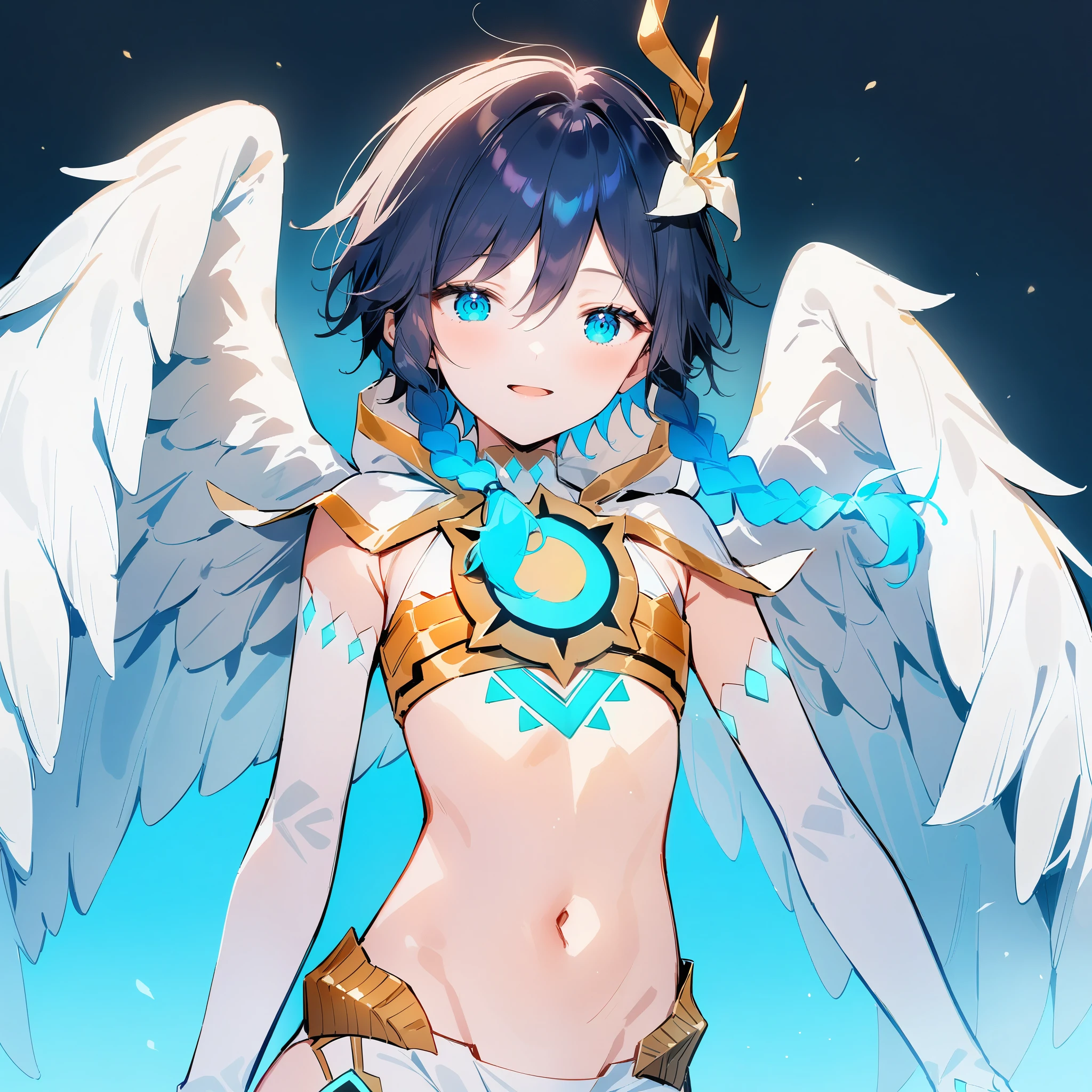 (masterpiece,best quality,4k,8k,absurdres:1.2),agahari,aoi nanase,((illustrated by carnelian)),sharp and clear, wide blue slit pupils, perfect face, 1boy, flat chest,venti_\(archon\)_\(genshin_impact\),bare stomach,graceful,(face focus,detailed_eyes),gradient_hair,chest_tattoo,thigh_tattoo,flirtatious,seductive,dsmile,large fluffy angel wings,otoko no ko
