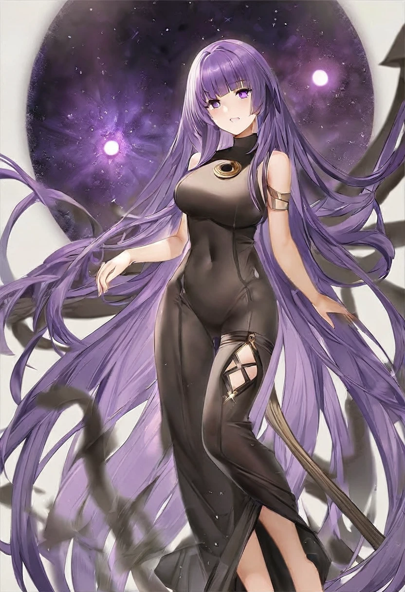 Athena,Extra long purple hair,Purple Eyes,Appearance is that of an adult female,Black one-piece dress,There are small purple and gold decorations,The long jumpsuit is very sexy,barefoot,A black hole in the background universe,Purple black hole